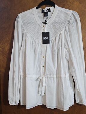 DKNY White Pintuck Yoke Puff-Sleeve Blouse with Tie Waist